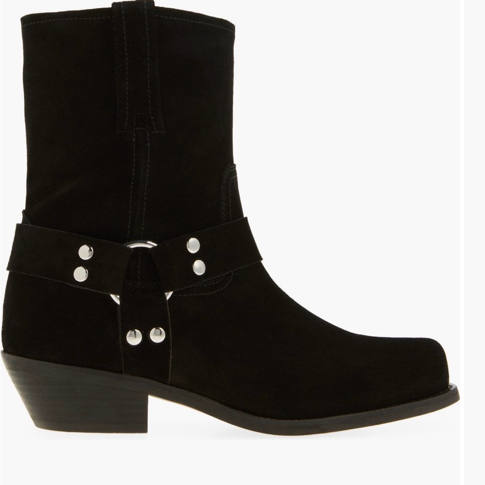 Jeffrey Campbell Waylon Harness Black Suede Moto Style Boots, size 7.5